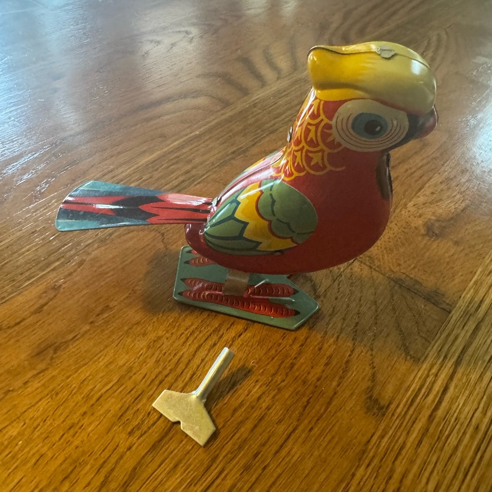 Vintage Wind-Up Bird Toy - Red and Yellow